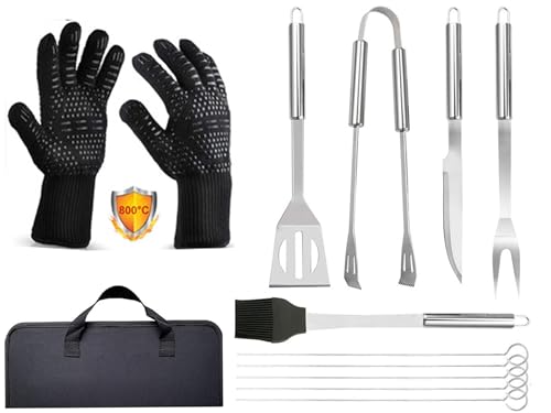 Kit Barbecue 9 Pièces en Acier Inoxydable avec Gants Résistants à 800°C (1472°F) - Ustensiles de Cuisine pour Grillade, Camping, Cadeau Homme - Sac de...