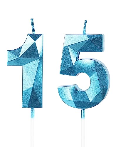 Geburtstagskerzen Zahl 15 Blau - 3D Blaue Kerzen zum 15 Geburtstagsdeko (Nummer 15 Kerze Tortenkerzen) Geburtstagsparty Feier
