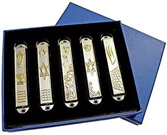 Set of 5 Pewter Mezuzah from Jerusalem: Menorah, Western Wall, Star of David, Jerusalem Panorama