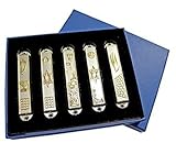 Set of 5 pewter Mezuzah from Jerusalem: Menorah, western wall, star of David , Jerusalem panorama + GIFT: Gold plated Menorah key chain!
