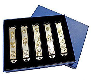 Set of 5 Pewter Mezuzah from Jerusalem: Menorah, Western Wall, Star of David, Jerusalem Panorama