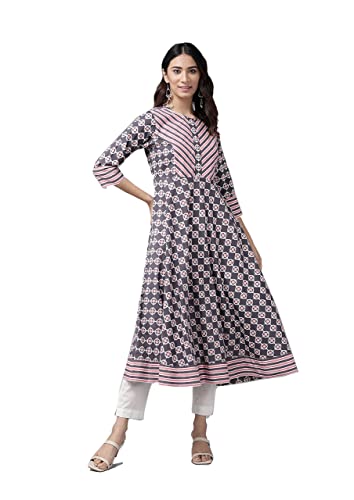 Image of Yash Gallery Women's Cotton Relaxed Fit Anarkali Plus Size Floral Printed Kurta