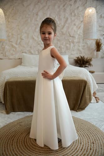 Lace Applique Flower Girl Dress for Wedding Bow Knot Satin Crew Neck Ball Gowns Sleeveless First Communion Long Dress3
