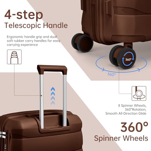 Image of Carry On Luggage 22x14x9 Airline Approved, 22 Inch PP Hardshell Luggage Carry-on Suitcase with Spinner Wheels, Carry On Suitcase Set for Women(Mocha