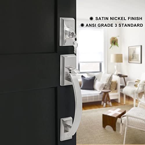 Neutype Front Door Handle Set Double Door Handle Set With Dummy Heavy Duty Double Door Lock Set, With Single Cylinder Deadbolt And Lever Handle, Compatible With Right & Left Handed Doors, Satin Nickel #TOP6