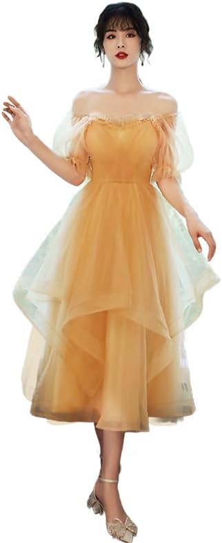 ドレス 大人 ピアノ 発表会 ミモレ丈 イエロー ファスナータイプ 小さいサイズ オフショルダー パーティー 演奏会 結婚式 ワンピ