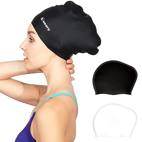 Keary 2 Pack Updated Silicone Swim Cap for Long Hair Women Girl Waterproof Bathing Pool Swimming Cap Cover Ears to Keep Your Hair Dry, 3D Soft Stretchable Durable and Anti-Slip, Easy to Put On a