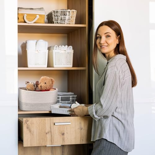Image of Sawysine 6 Pcs Storage Baskets Bulk for Organizing Cotton Rope Woven Basket with Handles for Gift Cloth Shelves Blanket Toys Living Room(White Grey)