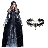 [Formemory] ハロウィン コスプレ 仮装 魔女 悪魔 吸血鬼 レディース コスプレ 衣装 ゴースト 幽霊 2点セット ドレス ブラックネックレスが付き スカルプリント 雰囲気づくり きれい ハロウィン イベント 学園祭 文化祭 演出服 パーティー (M)