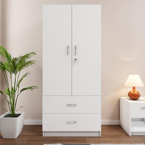 Image of VIKI Wardrobe | Tulum Wardrobe | Wooden Almirah for 2 Door Wardrobe with 2 Drawer & Hanging Space (Frosty White - 40D x 80W x 180.8H) | 1 Year Warranty | Free Assembly