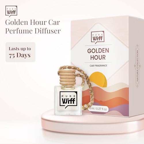 Image of Golden Hour Car Perfume Diffuser - 10ML Long Lasting Hanging Car Air Freshener | Premium Natural Car Fragrance Oils in Glass Bottle with Wooden Diffuser Cap | Lasts up to 75 Days | IFRA Cert