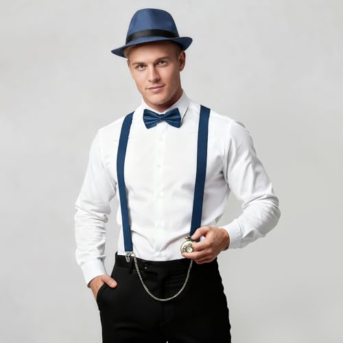 Image of BABEYOND 1920s Mens Gatsby Gangster Accessories Set Panama Hat Suspender Bow Tie