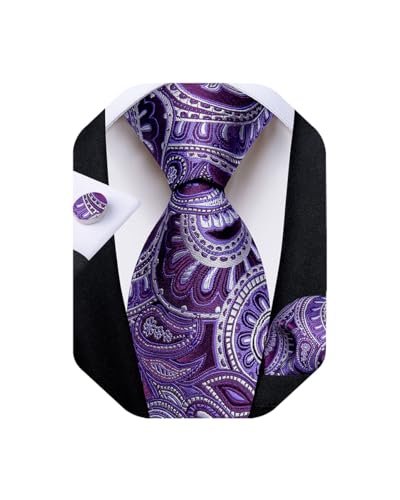 Image of DiBanGu Extra Long Tie for Men 63 inch XL Silk Necktie Set | Pocket Square and Cufflinks, Big and Tall, Jacquard Woven, Gift Box, Paisley /Plaid /Solid /Striped, for Weddinng Party Business