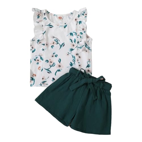 HEOXIN - HEOXIN Ensemble Fille T-Shirt Sans Manches Imprimé + Short + Ceinture Vêtements Fille Pour Enfants Ensembles Avec Manches à Volants, Vert, 6-7 Ans