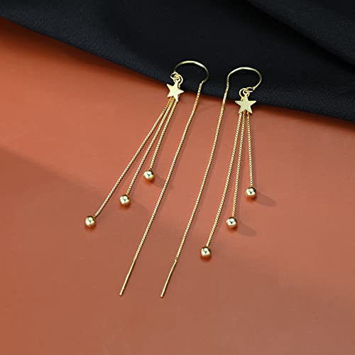 Reffeer 925 Sterling Silver Ball Bead Tassel Chain Dangle Earrings Threader For Women Girls Long Dangle Earrings Drops (B-Gold) #TOP3