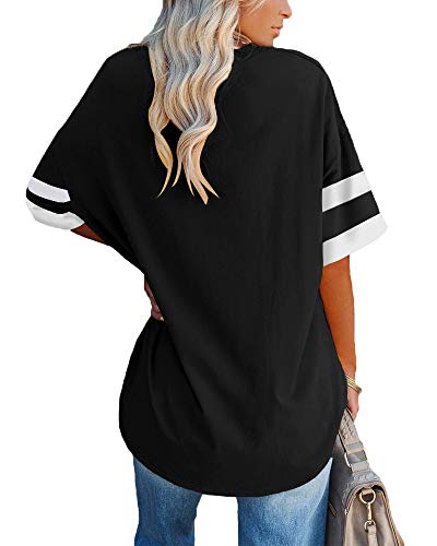 Fisoew Womens Oversized Tees Loose T Shirts Half Sleeve Crew Neck Color Block Cotton Tunic Tops Black #TOP1