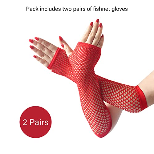 COSFAN 2 works Fishnet Gloves Women Fingerless Long Gloves Elastic Mesh Glove 1920s Hollow Gloves for Evening Party Halloween (Red) - Image 2