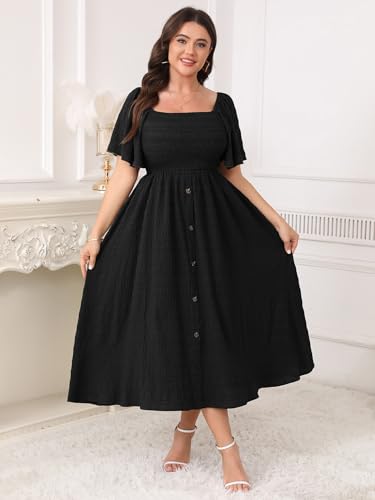 Image of Plus Size Casual Maxi Boho Dress for Curvy Women Short Sleeve Square Neck Smocked Summer Beach Dresses Button Down