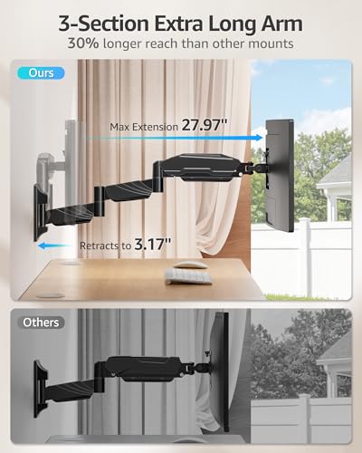 Image of MOUNTUP Long Arm Monitor Wall Mount for 17-32 inch Screens, Supports 4.4-17.6lbs, Long Reach Arm Extends Up to 27.97 inch, Copmuter Wall Mount Monitor Arm, Full Motion Tilt Swivel Rotation, VESA 75x75 100x100