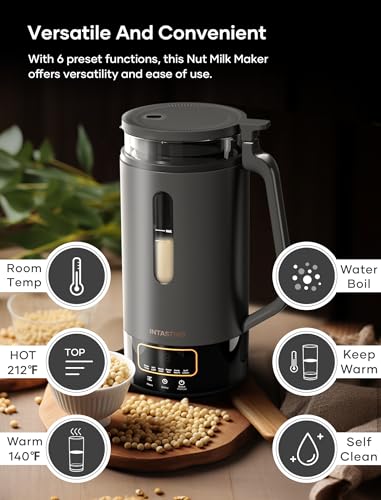 INTASTING Automatic Nut Milk Maker - Glass Inner - Homemade Almond, Oats, and More Grain - Soy Milk Machine with 6 Preset Modes - Keep Warm, Delay Timer, Boil Water, Self-Clean - Boil-Dry Protection
