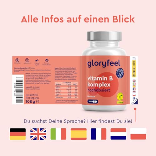 Vitamin B Komplex - 200 Kapseln (7 Monate) - 10-fach hochdosiert - Mit 500µg B12 + höchst bioaktiv - Alle 8 B-Vitamine (B1, B2, B3, B5, B6, B7, B9, B12) - Vegan & laborgeprüft
