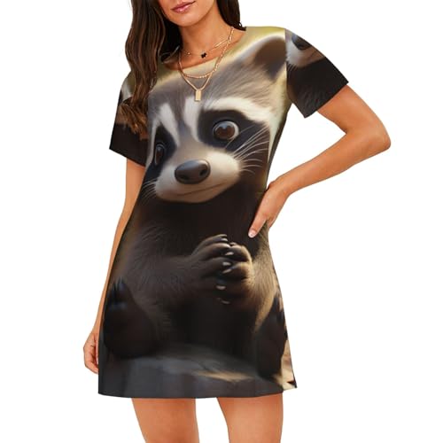 Chemise de nuit raton laveur femme manches courtes pyjama léger imprimé animal