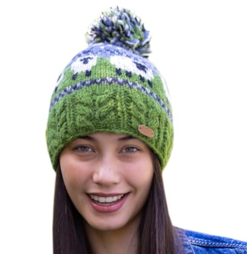 Erin Knitwear Irish Wool Knitted Sheep Pattern Bobble Hat, Blue and Green, Fleece Lined, Stretchable 55-61cm