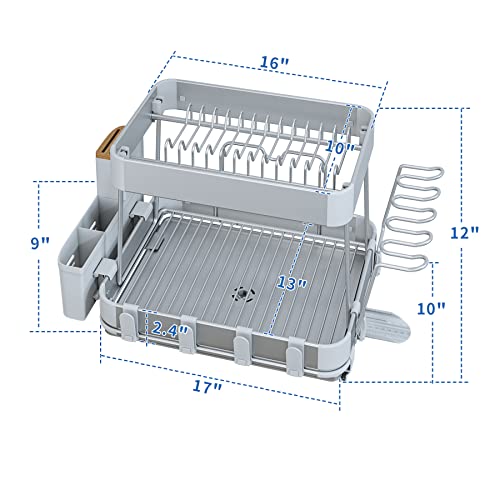 Sinoart Kitchen Dish Drying Rack 2-Tier With Swivel Spout, Prevents Placement Scratches Aluminum Alloyframe, Can Store Large And Small Plates And Knives, 2023 Model #TOP3