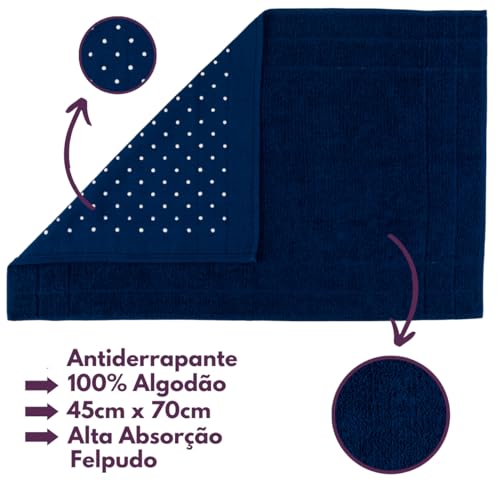 Jogo de Toalha 2 Banhão + 2 Rosto + 2 Tapete Piso Antiderrapante Luxuoso 100% Algodão - Azul Marinho