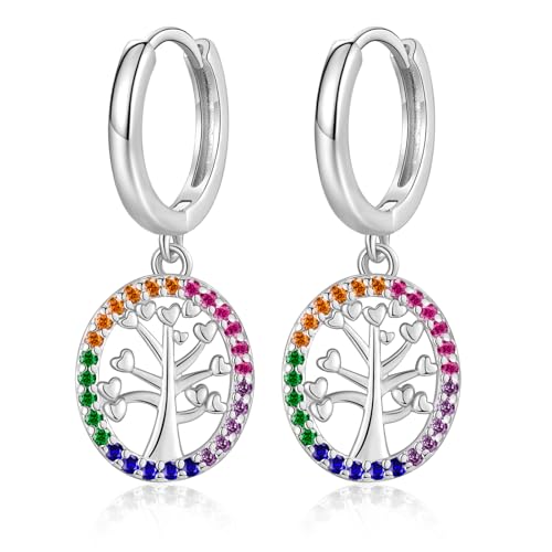 Image of Silver Drop Hoop Earrings for Women Girls - Tree of Life Earrings with Colorful Cubic Zirconias, Stylish Tree of Life Jewellery Gifts for Birthday Christmas
