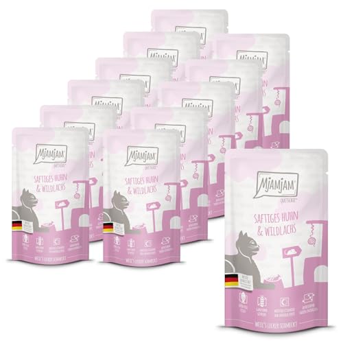 MjAMjAM - Premium Nassfutter für Katzen - saftiges Huhn und Wildlachs, 12er Pack (12 x 125 g), getreidefrei mit extra viel Fleisch 1