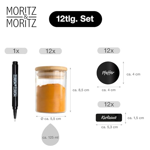 Foto von Moritz & Moritz 12 Gewürzgläser Set je 125ml - Gewürzdosen Glas inkl. Tafelsticker & Kreidestift - Luftdichte Gewürzgläser mit Bambusdeckel für Gewürze, Kräuter & Tee