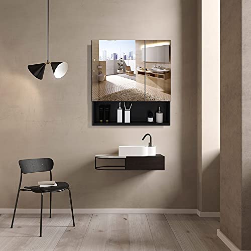 Prosfalt 28X24In Mirror Medicine Cabinets With Double Doors, Space Aluminum Wall Mounted Storage Cabinets For Bathroom, Waterproof And Rust-Resist, Recess Or Surface Mount - Black,353653765 #TOP1