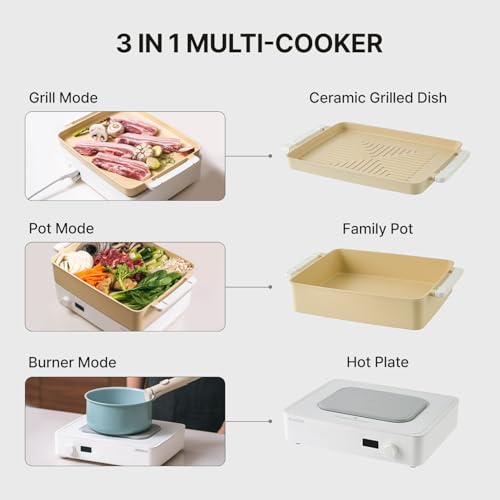 Dr.HOWS Doran Doran 3 in 1 Electric Skillet, Combo Multi Cooker, Rectangle Hot Pot Fryer Pan Griddle and Grill with Safe Nonstick Coating, Steady Heat, Glass Lid (yellow)