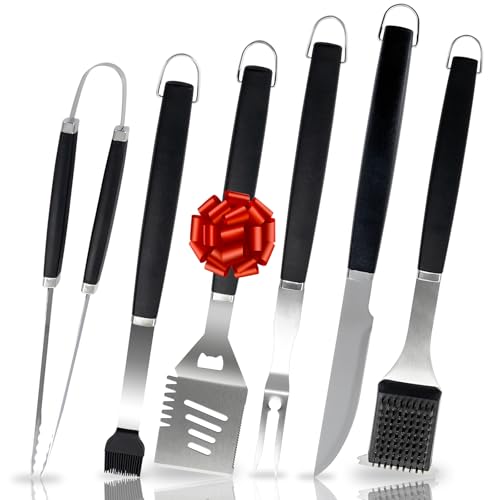 Supernal Pro Grill Master Kit -6pc Heavy Duty Stainless Steel BBQ Tools Set with Anti-Slip Handles|Commercial-Grade Spatula,Grill Brush,Basting Brush,Chef's Knife & More|Gift for Dad's Outdoor Cooking