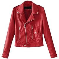 Mujer Vintage Solapa Chaquetas De Cuero Sintético Abrigo Cazadora Bike Chaqueta De Moto Rojo M