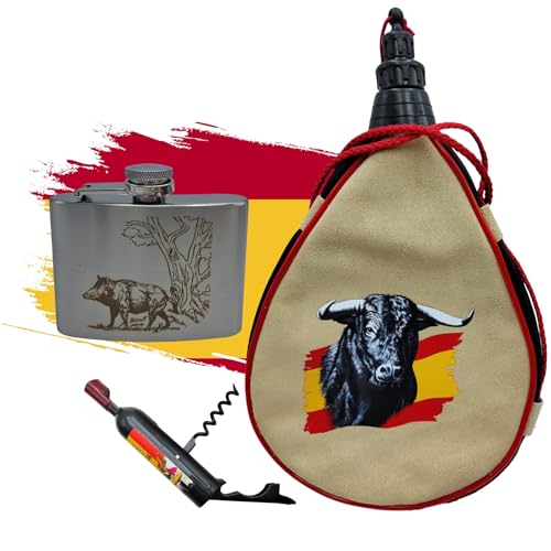 Pack Bota De Vino 1,5 L Taurina + Petaca con Grabado Jabalí de 118 ml De Acero Inoxidable Y Sacacorchos Con Imán | Regalo Para Caza Y Campo (Jabalí)
