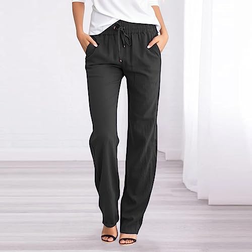 Generic WOMENS CASUAL PANTS 2024 TRENDY Lightning Deals Of Today Summer Casual Pants For Women Linen Straight Leg Drawstring Elastic High Waist Loose Comfy Trousers thumb #1
