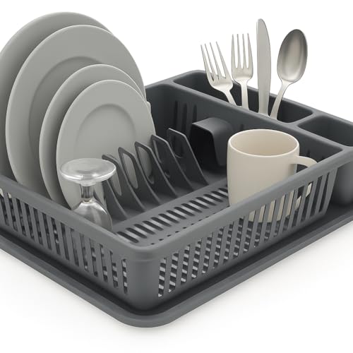 BH | Dish Drainer Rack with Drip Tray | Gray | Large Plastic Plate Cutlery Cup Holder |Kitchen Sink Utensil Organizer | Food-Grade BPA-Free - Pack of 1 - By BEST HOUSE - Image 2