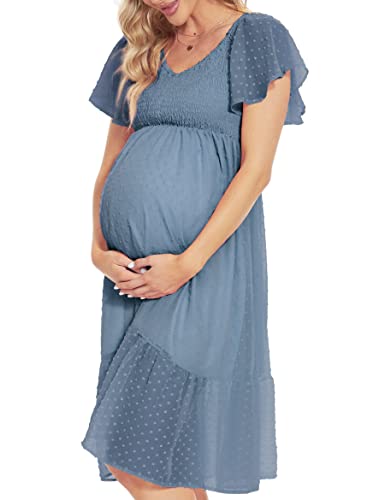 Peauty Maternity Dress Maternity Photoshoot Dress Maternity Dress for Baby Shower Dress for Wedding Guest Women Smocked Midi Dress Baby Shower Maternity Dresses Blue L