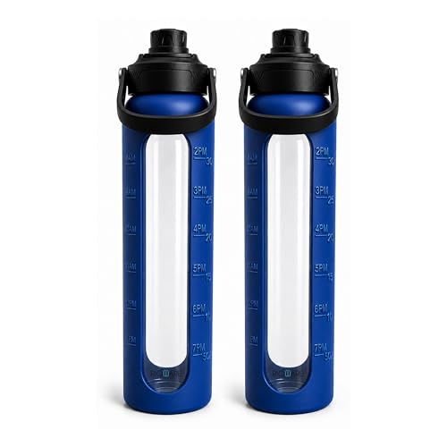 Image of Rioware Motivational Borosilicate Glass Water Bottle 1 Litre with Silicone Sleeve | Time Markings, Airtight, Leak-Proof BPA-Free Bottle For Fridge, Gym, Travel, Office & Home (BLUE PO2)