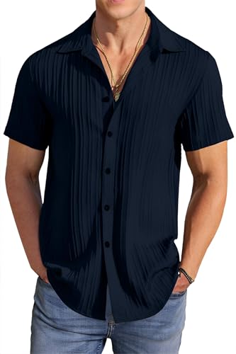 FILO HEVIS Men's Popcorn Textured Casual Stylish Shirt Half Sleeve. Navy Blue-XXL