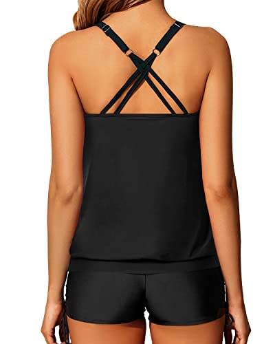 Yonique Womens Blouson Tankini Swimsuits Two Piece Strappy Bathing Suit Tops With Shorts Criss Cross Swimwear Black Xl #TOP1