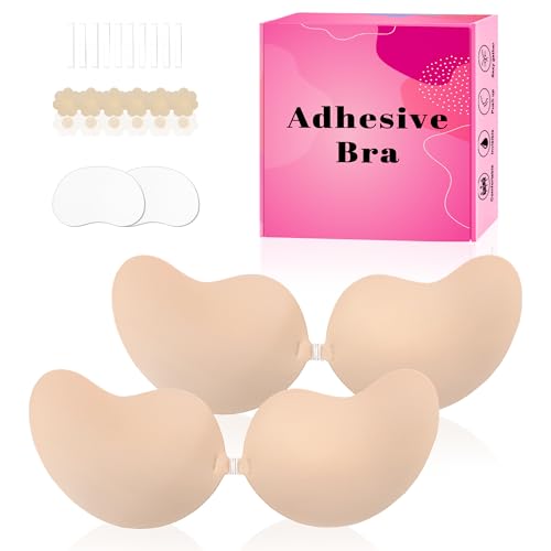 Image of LAZYROSY Sticky Bra Push Up Backless Bras Strapless Stick on Bra Invisible Adhesive Bra with Nipple Covers for Women (Beige+Beige, B)