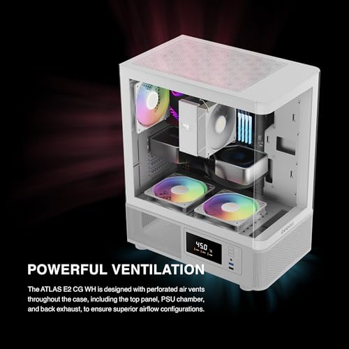 GAMDIAS ATLAS E2 Gaming ATX Mid Tower Computer PC Case, Customized Digital Display w/Software, 3 x 120mm ARGB Fans (2 Reverse), Curved Side Tempered Glass, Perforated Airflow Vent PSU Chamber, White