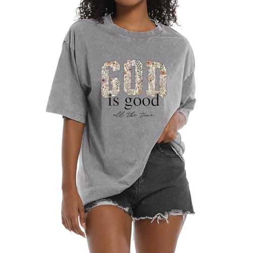 Image of Christian God is Good Shirts for Women Jesus Faith Religious T Shirts Floral Graphic Oversized Acid Washed Tee Tops