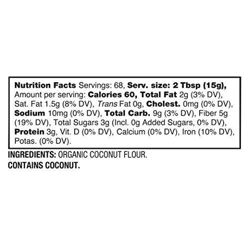 Betterbody Foods Organic Coconut Flour 2.25 Pound Jar, Naturally Gluten-Free White Flour Alternative With A Slight Coconut Taste And Aroma, 23% Dietary Fiber Per Serving #TOP5