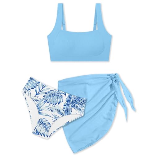 Traje de baño infantil para niña, dos piezas, tankini con protección UV, traje de baño para 7-16 años, azul celeste, 11-12 años
