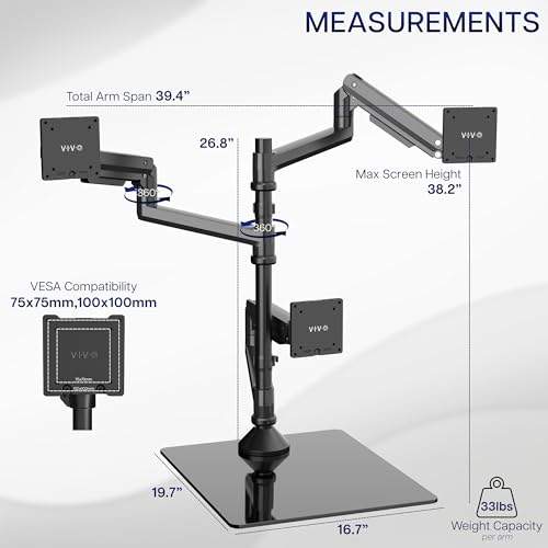 Image of VIVO Pneumatic Arm Triple Ultrawide Monitor Desk Stand for Up to 49 inch Screens with Tempered Glass Base, Holds 3 Ultra Wides Up to 33 lbs Each, Black, STAND-V300FG