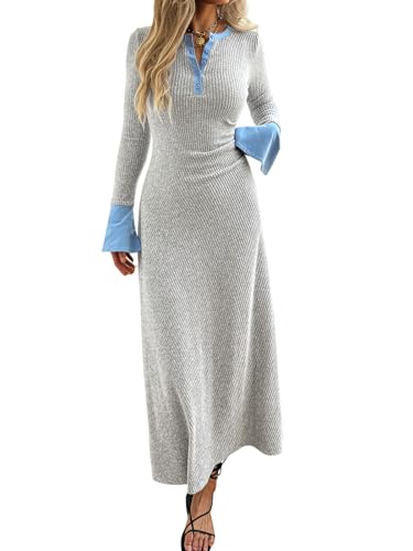 Evzeiem Womens Sweater Dress V Neck Ribbed Maxi Dress Long